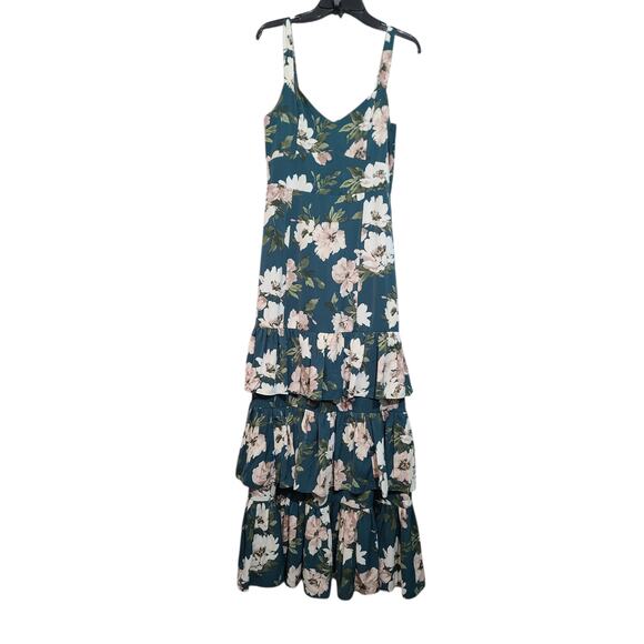 Abercrombie Drama Ruffle Tiered Maxi Dress Green Floral Medium Tall NWT - Picture 2 of 7